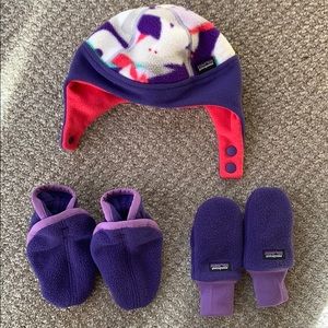 Patagonia fleece hat, gloves and booties.